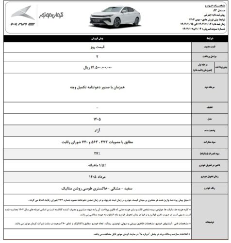 شرایط فروش کی ام سی J7 - بهمن 1404