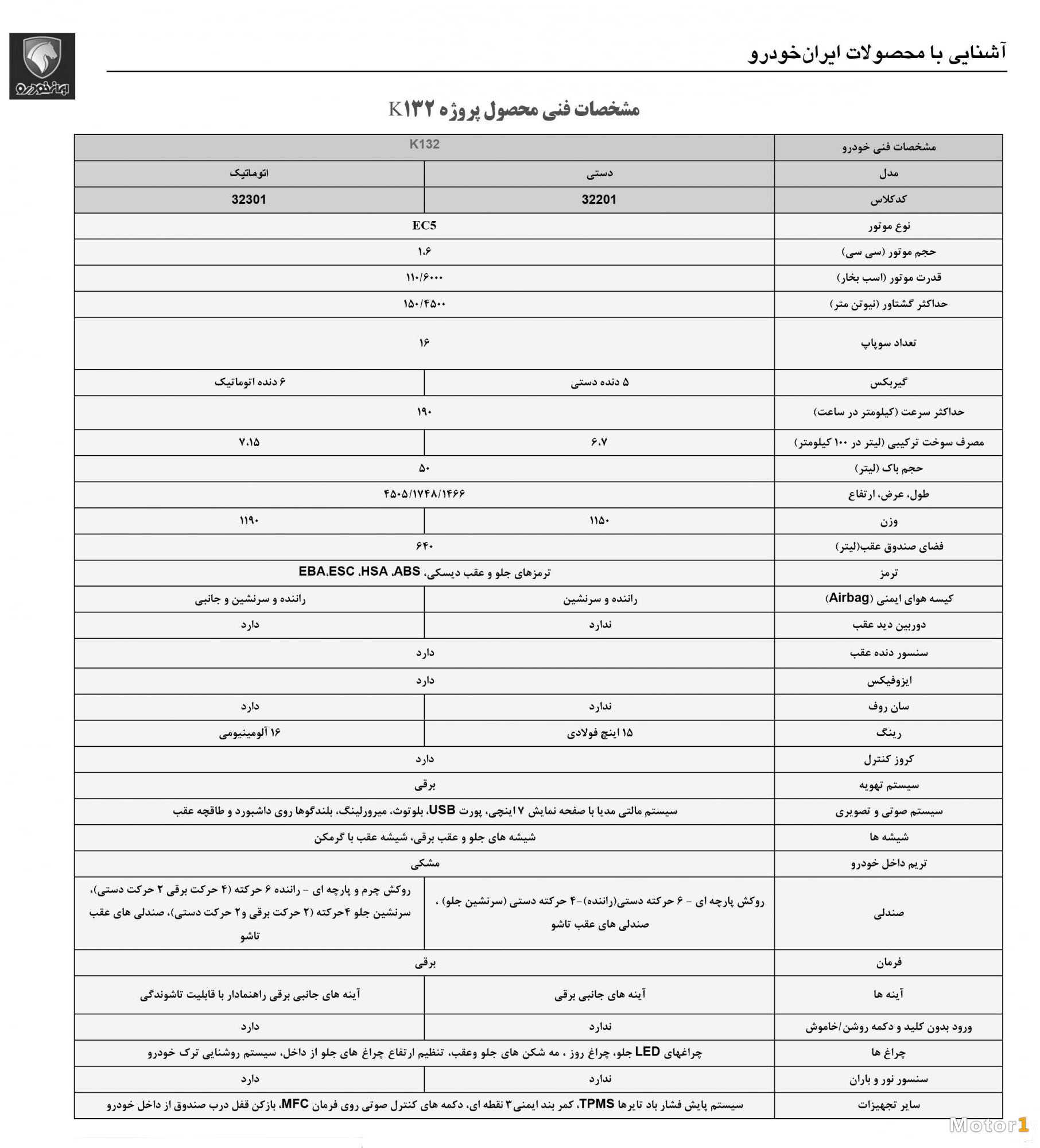 مشخصات فنی ایران خودرو k132