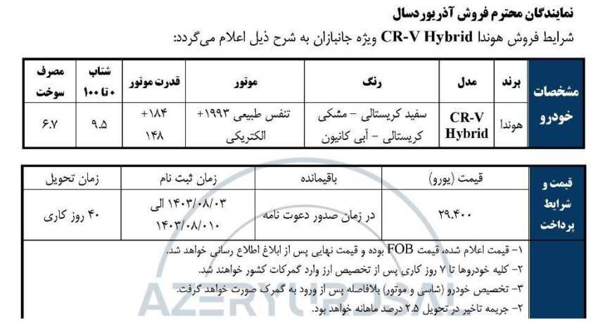 شرایط فروش هوندا CR-V هیبرید در آبان ۱۴۰۳