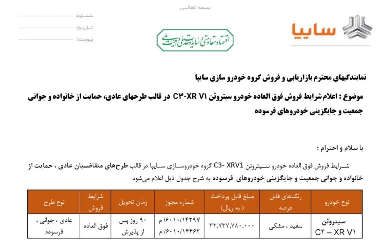 شرایط فروش سیتروئن C3 XR در خرداد 1405