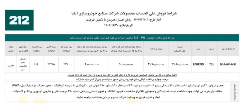 شرایط فروش BAW 212 T01 در اسفند 1404