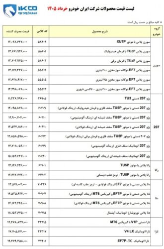 قیمت جدید کارخانه ایران خودرو - خرداد 1405