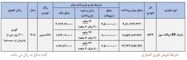 شرایط فروش وانت نیسان زامیاد EX - تیر 1405