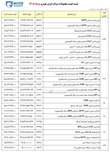قیمت جدید کارخانه ایران خودرو - مرداد 1405